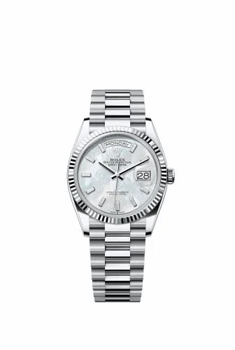 Rolex Day-Date 36 Platinum - Fluted / MOP - Baguette / President 128236-0021 (m128236-0021)